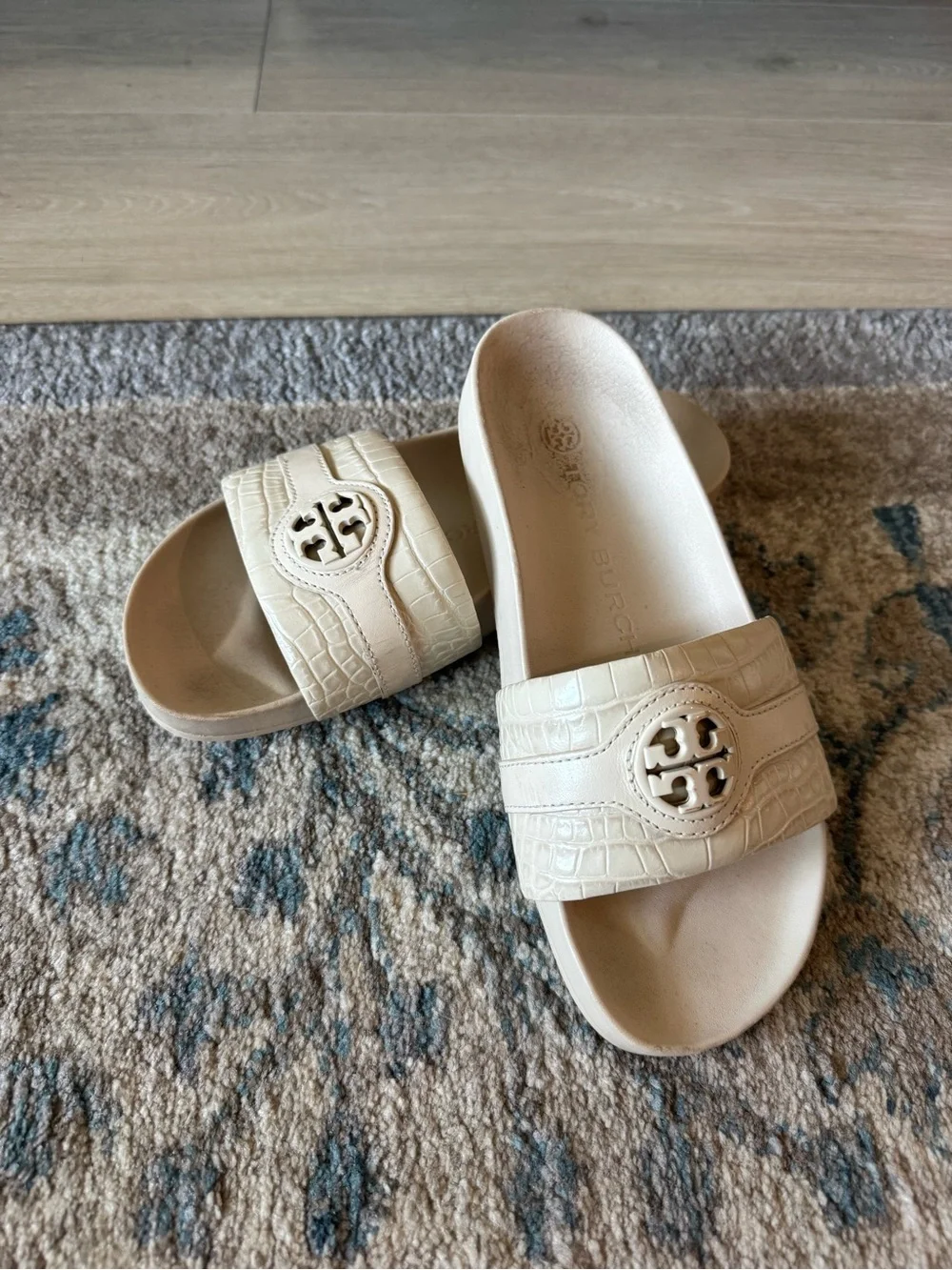 Tory Burch Cream Croc-Embossed Logo Slide Sandals